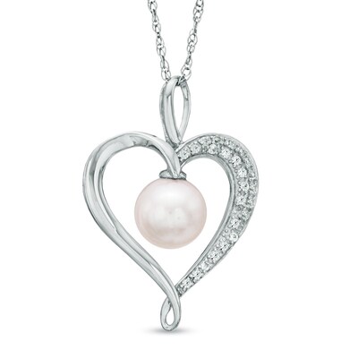 7.5-8.0mm Freshwater Cultured Pearl and Lab-Created White Sapphire Heart Pendant in Sterling Silver