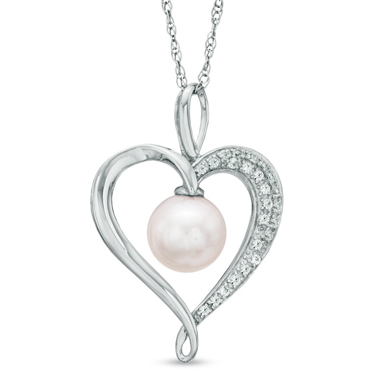 7.5 - 8.0mm Cultured Freshwater Pearl and Lab-Created White Sapphire Heart Pendant in Sterling Silver