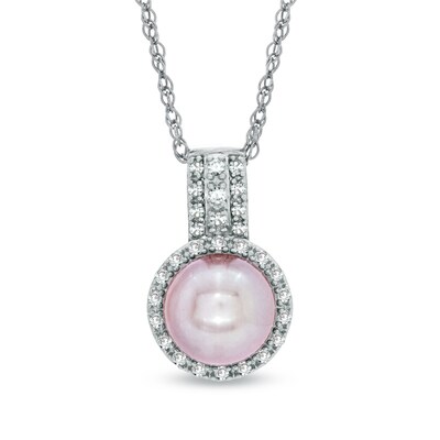 7.5-8.0mm Pink Freshwater Cultured Pearl and Lab-Created White Sapphire Pendant in Sterling Silver