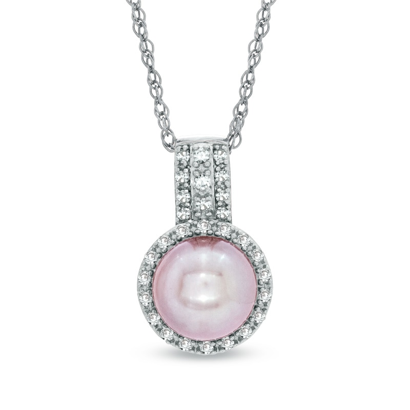 7.5-8.0mm Pink Freshwater Cultured Pearl and Lab-Created White Sapphire Pendant in Sterling Silver