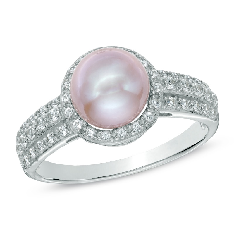 7.5 - 8.0mm Pink Cultured Freshwater Pearl and Lab-Created White Sapphire Ring in Sterling Silver