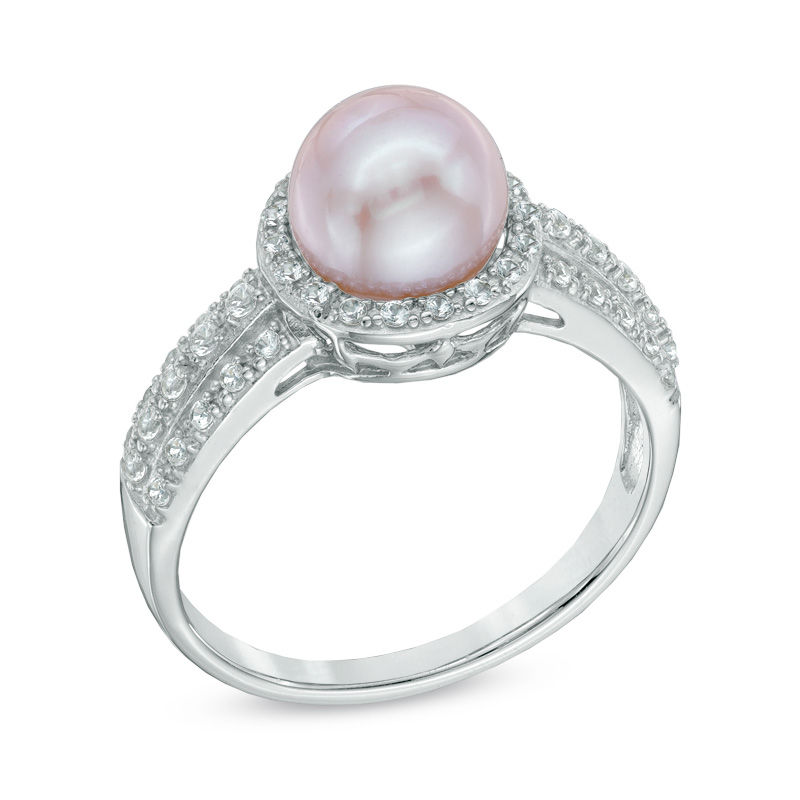 7.5-8.0mm Pink Freshwater Cultured Pearl and Lab-Created White Sapphire Ring Sterling Silver