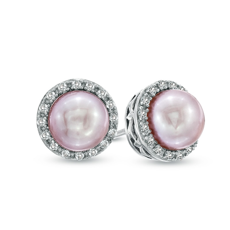 6.5 - 7.0mm Pink Cultured Freshwater Pearl and Lab-Created White Sapphire Stud Earrings in Sterling Silver|Peoples Jewellers