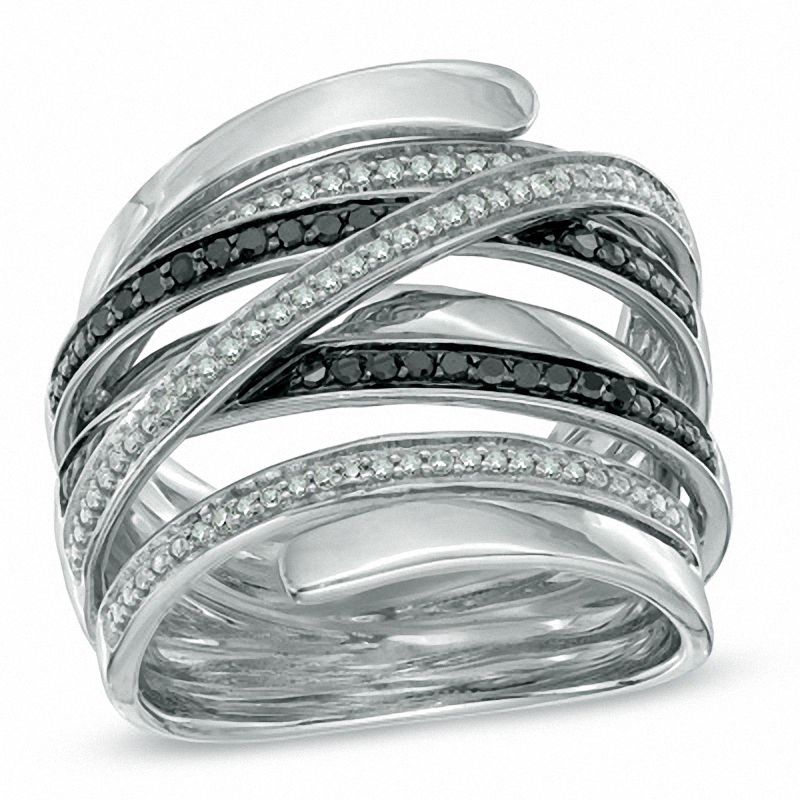 0.25 CT. T.W. Enhanced Black and White Diamond Continuous Wrap Ring in Sterling Silver - Size 7
