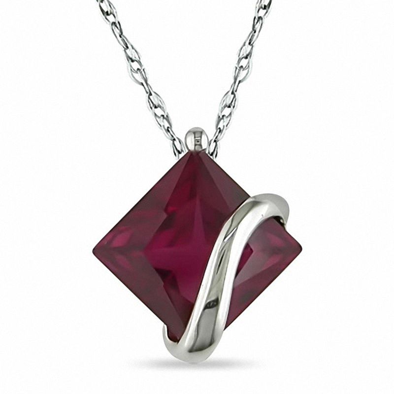 8.0mm Princess-Cut Lab-Created Ruby Overlay Pendant in 10K White Gold - 17"