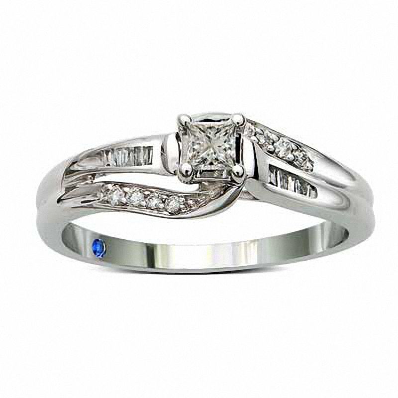 Princess-Cut Blue Sapphire and 0.06 CT. T.W. Diamond Three Stone Promise Ring in 10K White Gold