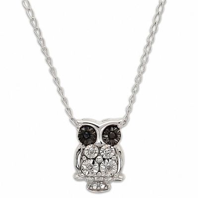 TEENYTINY™ Enhanced Black and White Diamond Accent Owl Pendant in Sterling Silver - 17"