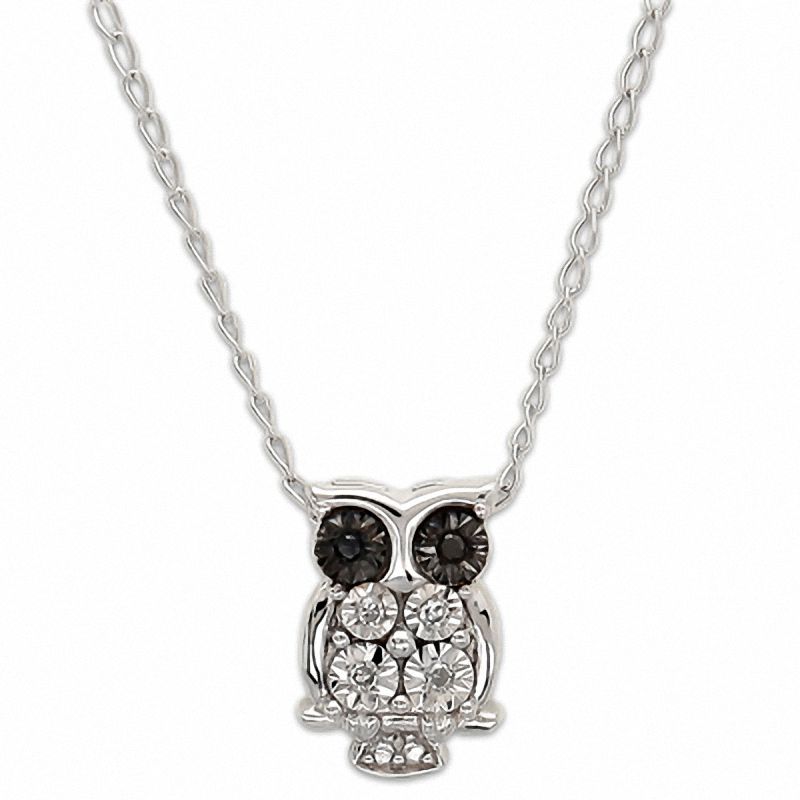 TEENYTINY™ Enhanced Black and White Diamond Accent Owl Pendant in Sterling Silver - 17"
