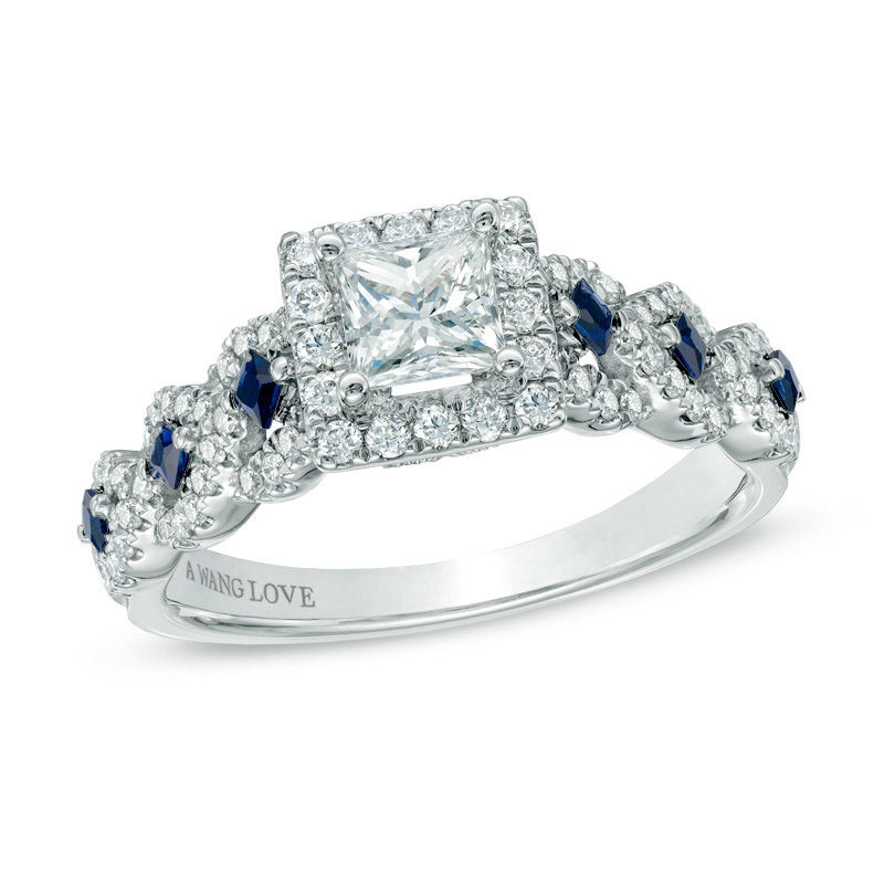 Vera Wang Love Collection 0.95 CT. T.W. Princess-Cut Diamond and Blue Sapphire Ring in 14K White Gold