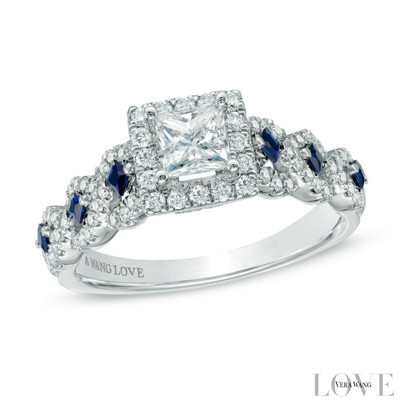 Vera Wang Love Collection 0.95 CT. T.W. Princess-Cut Diamond and Blue Sapphire Ring 14K White Gold