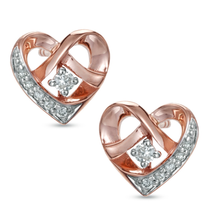 Main Image 1 of 0.10 CT. T.W. Diamond Woven Heart Stud Earrings in 10K Rose Gold