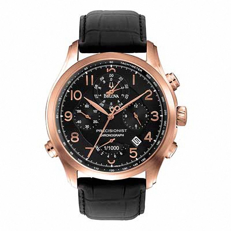 Men's Bulova Precisionist Wilton Chronograph Rose-Tone Strap Watch with Black Dial (Model: 97B122)|Peoples Jewellers