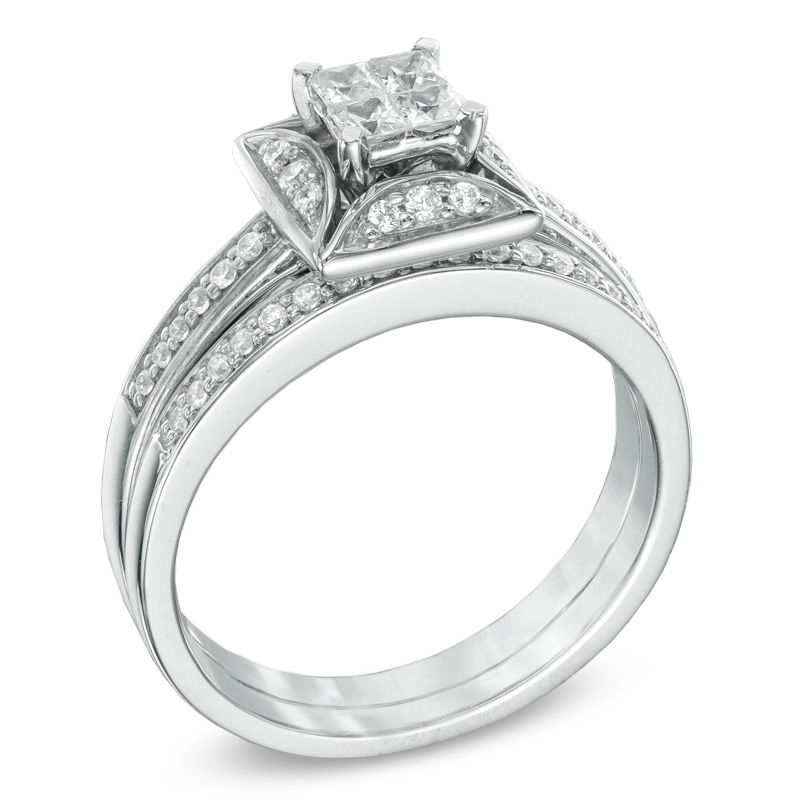 0.50 CT. T.W. Princess-Cut Quad Diamond Bridal Set 10K White Gold
