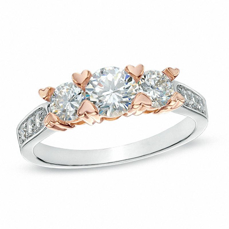 Lab-Created White Sapphire Three Stone Heart-Prong Ring in 10K Two-Tone Gold