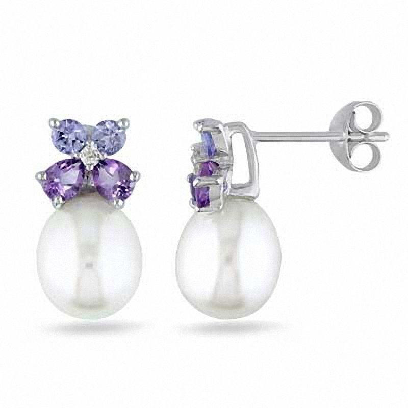 8.0 - 8.5mm Cultured Freshwater Pearl, Amethyst, Tanzanite and Diamond Accent Drop Earrings in Sterling Silver|Peoples Jewellers