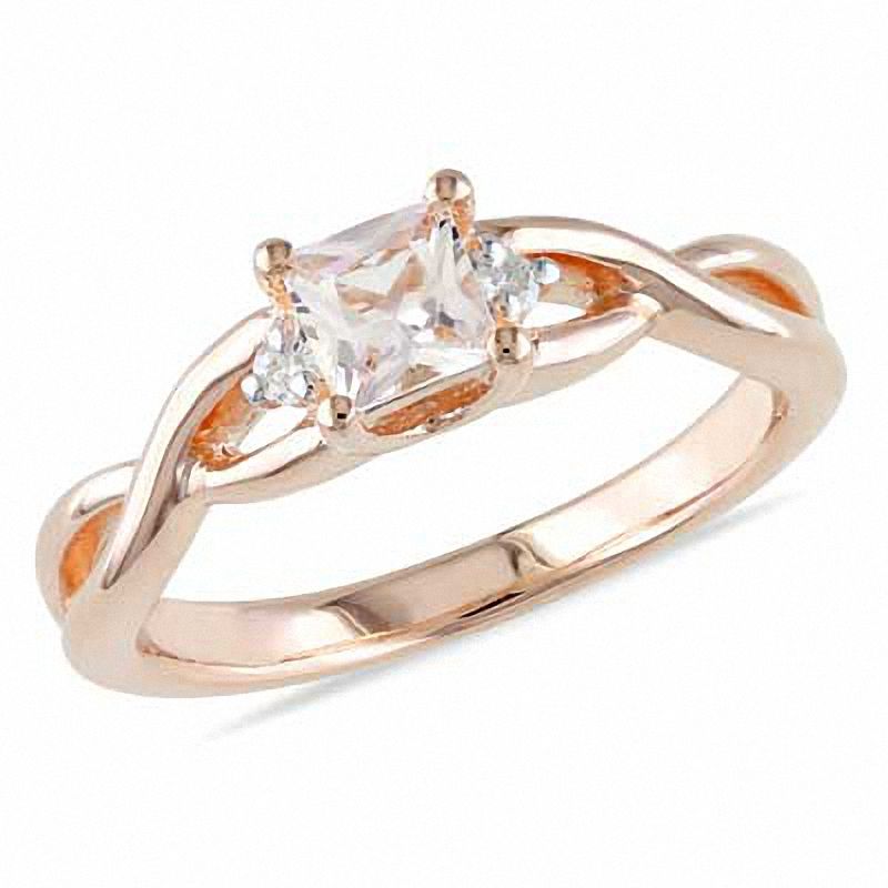 4.0mm Princess-Cut Morganite and Diamond Accent Promise Ring in Rose Rhodium Sterling Silver