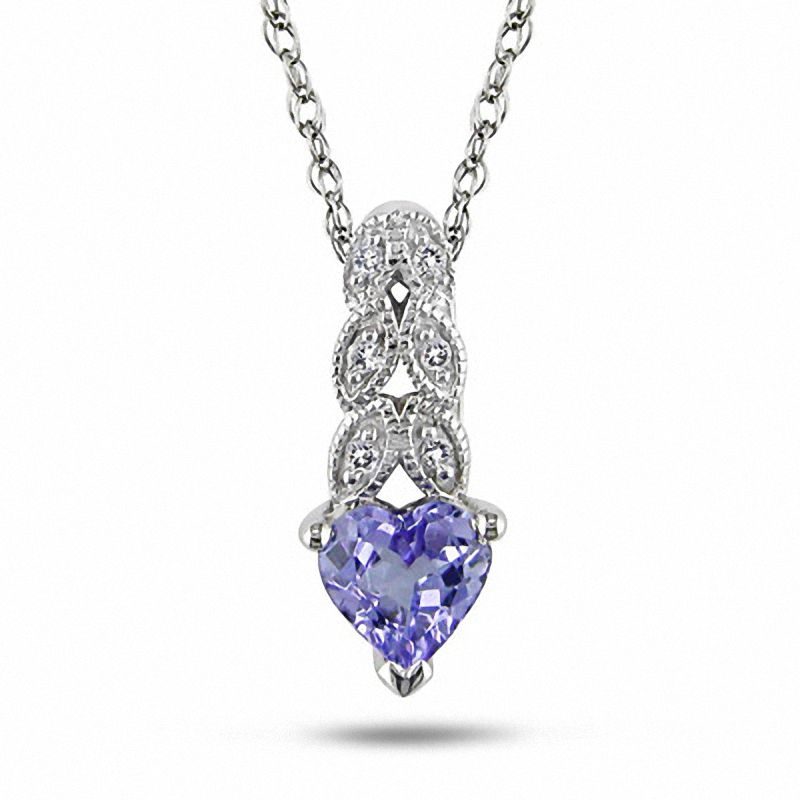 5.0mm Heart-Shaped Tanzanite and Diamond Accent Filigree Pendant in 10K White Gold - 17"