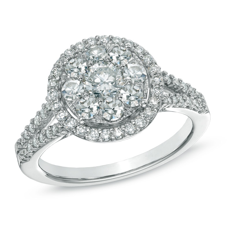 1.25 CT. T.W. Diamond Cluster Frame Split Shank Engagement Ring in 14K White Gold|Peoples Jewellers