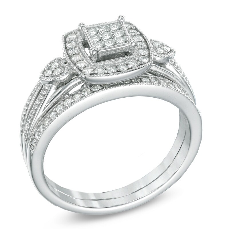 Main Image 2 of 0.40 CT. T.W. Princess-Cut Composite Diamond Frame Bridal Set in 10K White Gold