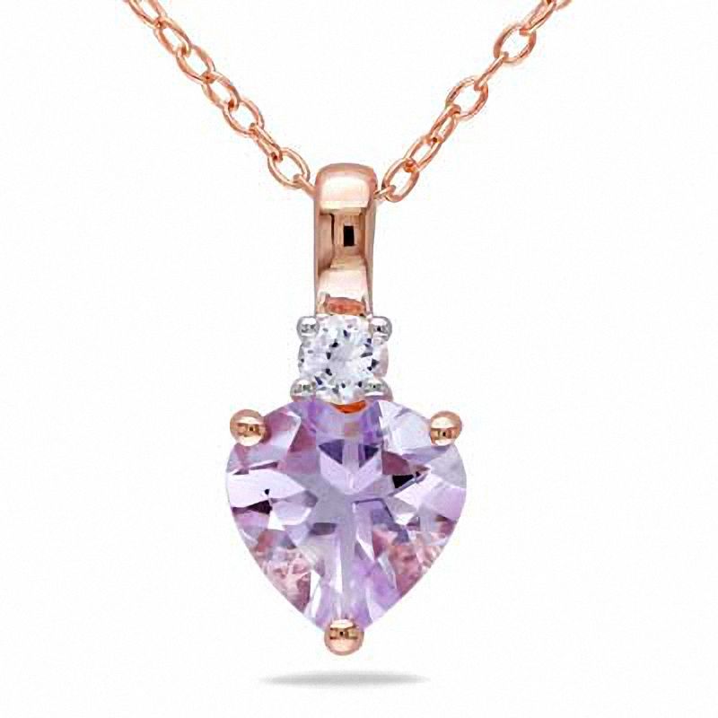 8.0mm Heart-Shaped Amethyst and White Lab-Created Sapphire Pendant in Sterling Silver with Rose Rhodium