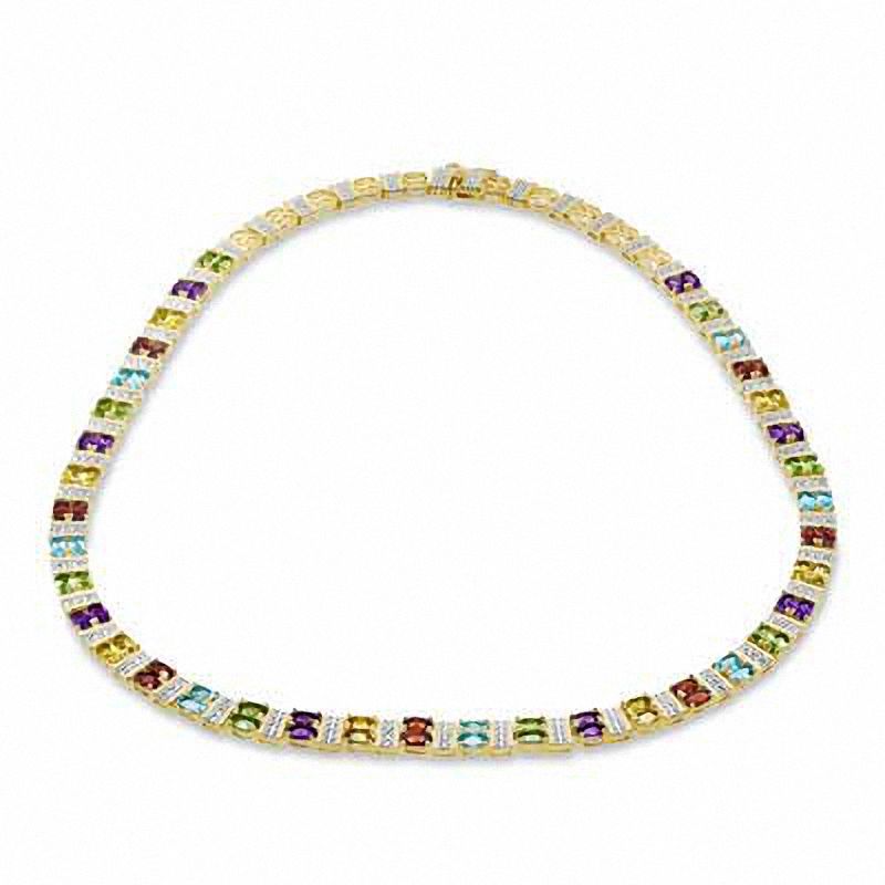 Oval Multi-Gemstone and Diamond Accent Necklace in Sterling Silver with 18K Gold Plate - 17"