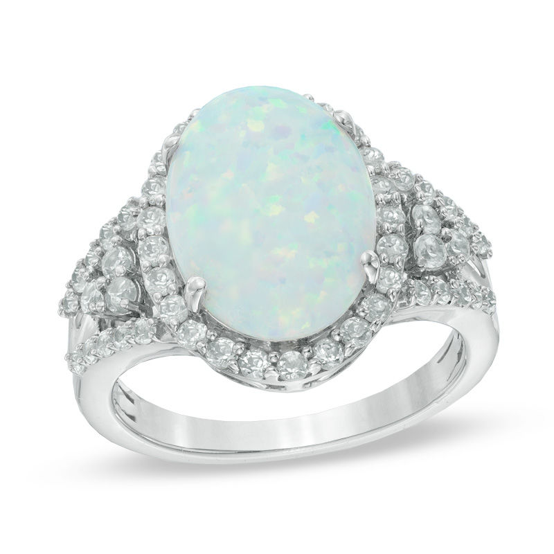 Main Image 1 of Oval Lab-Created Opal and White Sapphire Ring in Sterling Silver