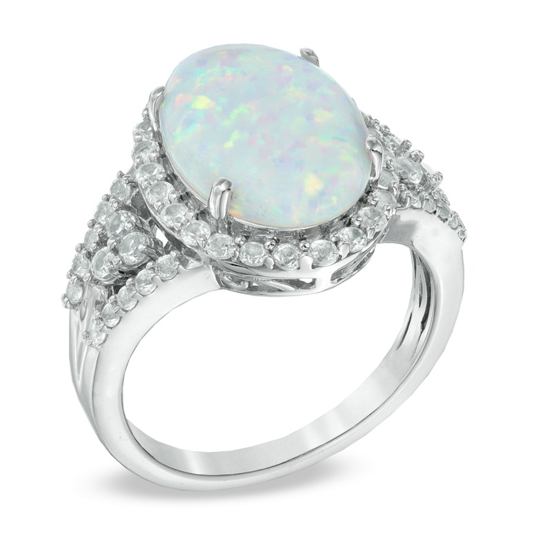 Main Image 2 of Oval Lab-Created Opal and White Sapphire Ring in Sterling Silver