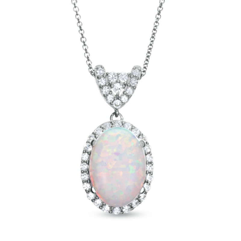 Oval Lab Created Opal and White Sapphire Pendant in Sterling Silver Peoples Jewellers