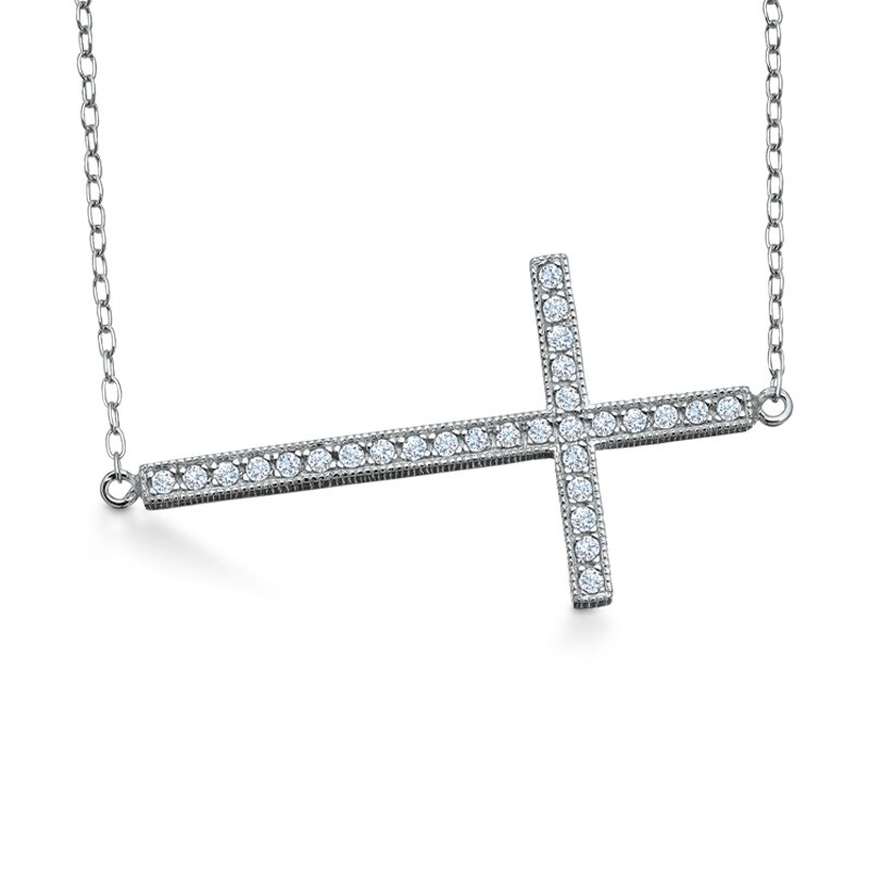 Main Image 1 of Lab-Created White Sapphire Sideways Cross Necklace in Sterling Silver