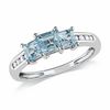 Thumbnail Image 0 of 4.0mm Princess-Cut Aquamarine and 0.10 CT. T.W. Diamond Three Stone Ring in 10K White Gold