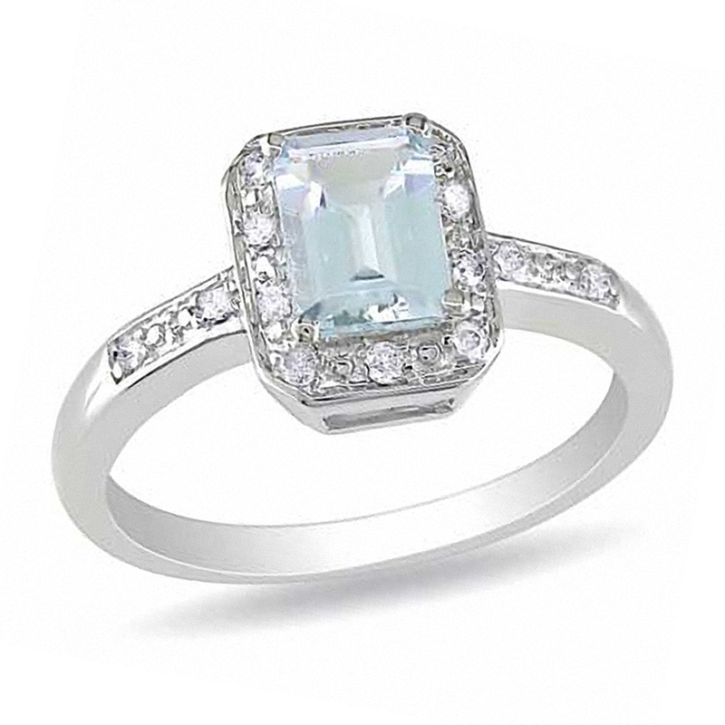 Emerald-Cut Aquamarine, and Diamond Accent Ring in Sterling Silver