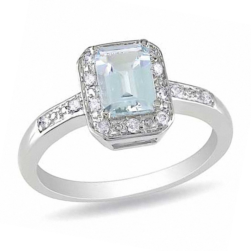 Emerald-Cut Aquamarine and Diamond Accent Ring in Sterling Silver|Peoples Jewellers