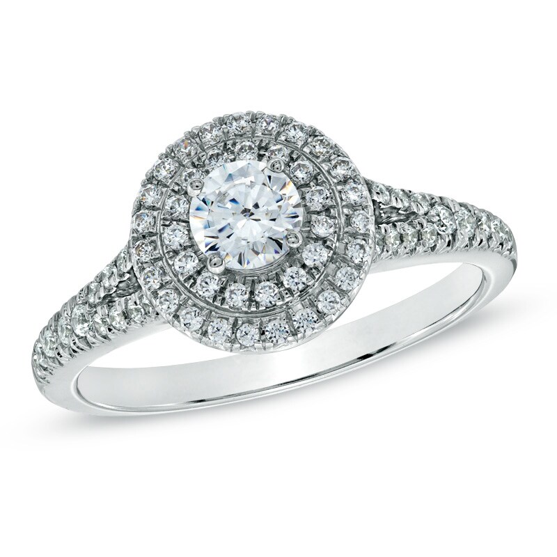 Main Image 1 of Celebration Canadian Ideal 0.45 CT. T.W. Certified Diamond Double Frame Ring in 14K White Gold (I/I1)
