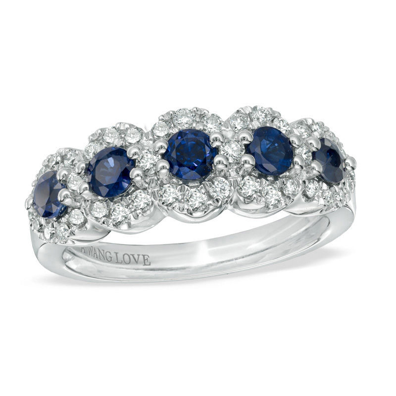 Vera Wang Love Collection Blue Sapphire and 0.38 CT. T.W. Diamond Five Stone Frame Ring in 14K White Gold