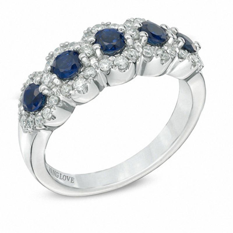 Vera Wang Love Collection Blue Sapphire and 0.38 CT. T.W. Diamond Five Stone Frame Ring in 14K White Gold