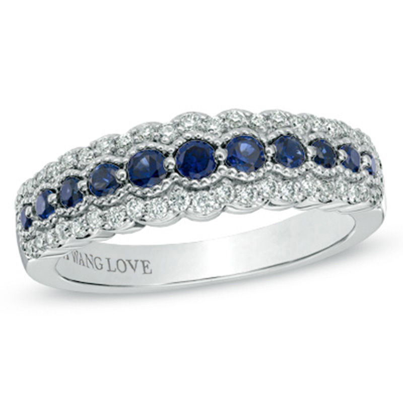 Vera Wang Love Collection Blue Sapphire and 0.21 CT. T.W. Diamond Anniversary Band in 14K White Gold