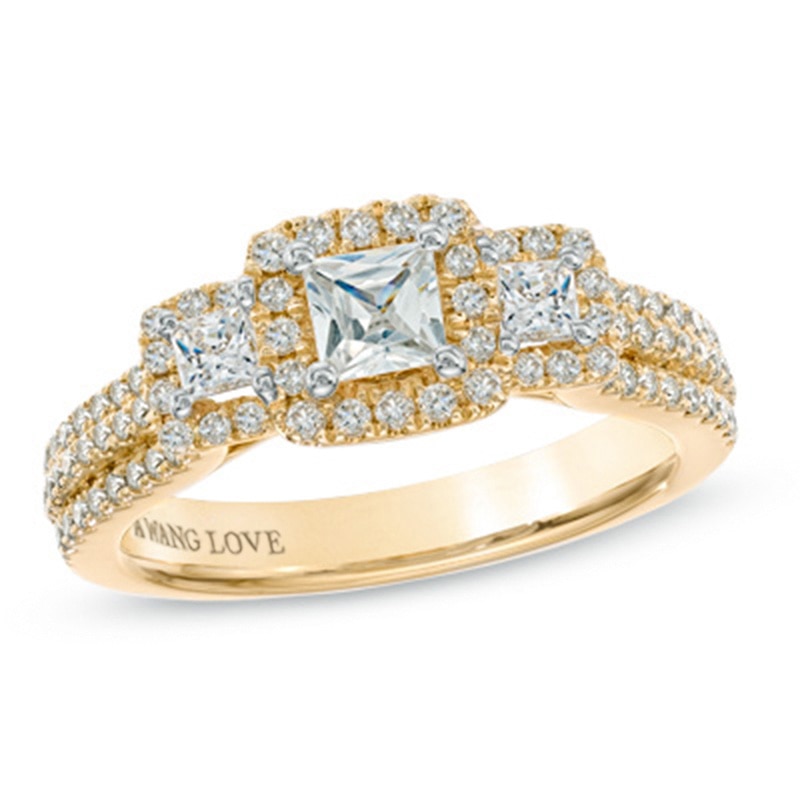 Vera Wang Love Collection 0.95 CT. T.W. Princess-Cut Diamond Three Stone Frame Engagement Ring in 14K Gold