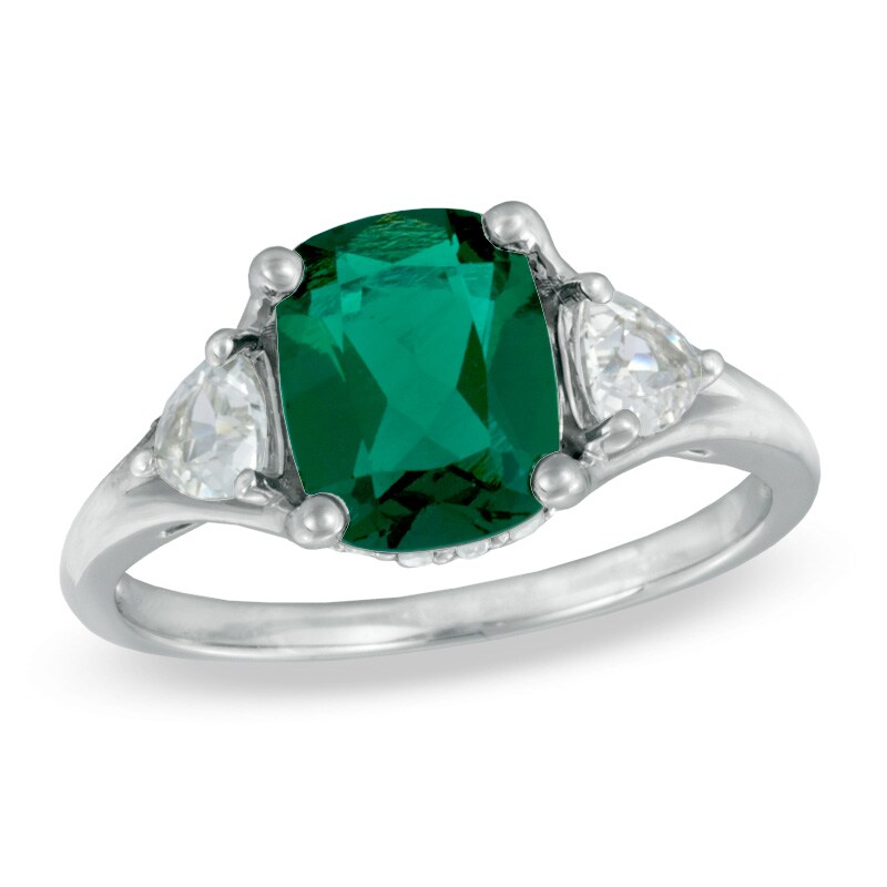 Main Image 1 of Cushion-Cut Lab-Created Emerald, White Sapphire and Diamond Accent Ring in 10K White Gold