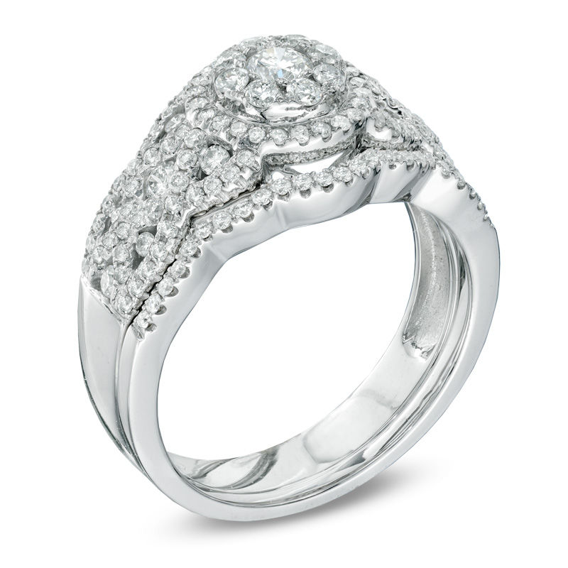 1.00 CT. T.W. Diamond Cluster Twisting Bridal Set 14K White Gold