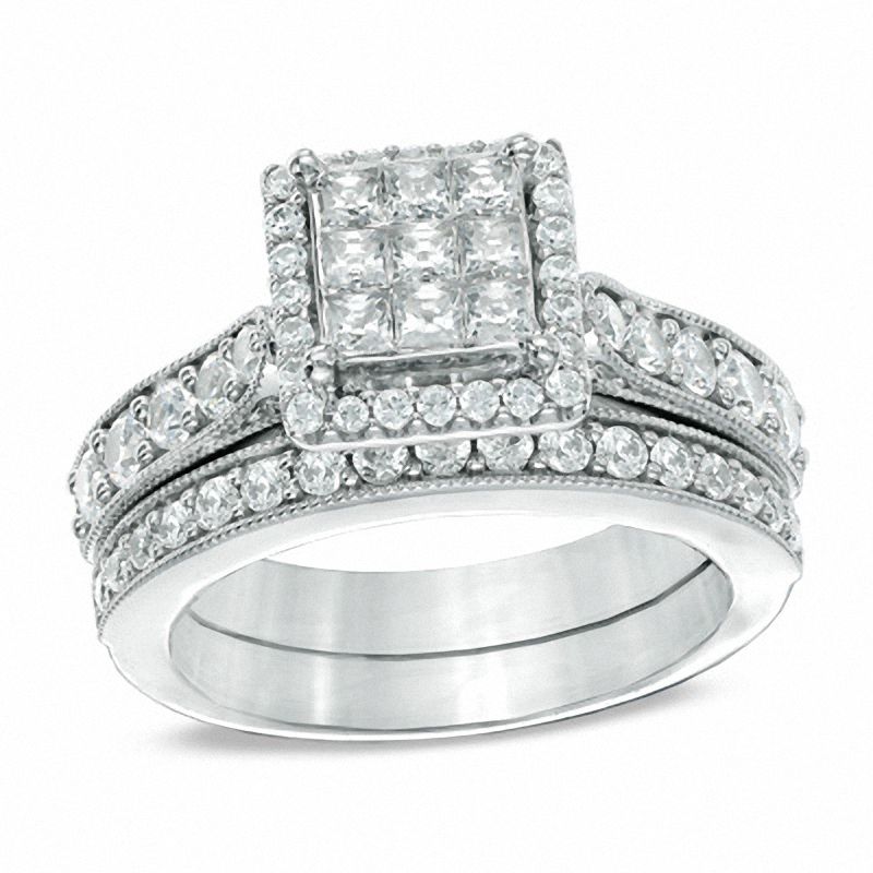 Main Image 1 of 1.50 CT. T.W. Princess-Cut Composite Diamond Frame Bridal Set in 14K White Gold