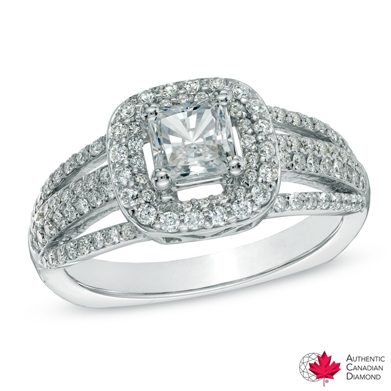 Main Image 1 of 1.00 CT. T.W. Certified Canadian Princess-Cut Diamond Frame Split Shank Ring in 14K White Gold (I/I1)