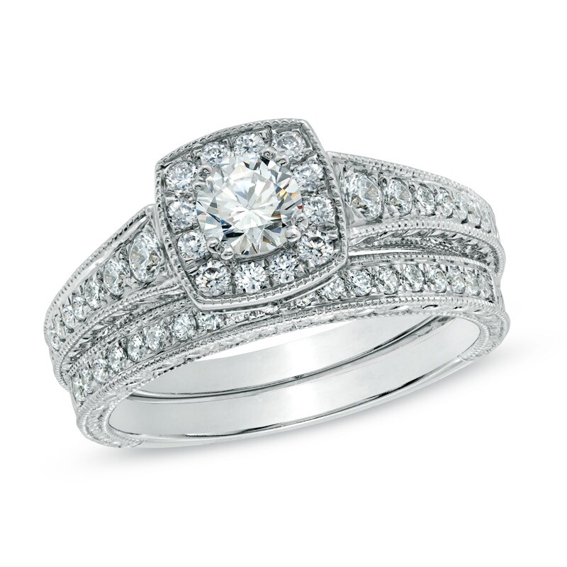 Celebration Canadian Ideal 0.95 CT. T.W. Diamond Vintage-Style Bridal Set in 14K White Gold (I/I1)