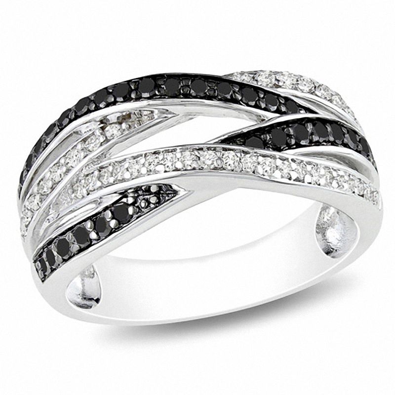 0.49 CT. T.W. Black and White Diamond Cross-Over Ring in Sterling Silver|Peoples Jewellers