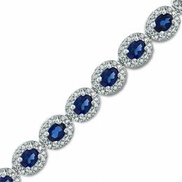 Oval Blue Lab-Created Sapphire and 0.075 CT. T.W. Diamond Bracelet in Sterling Silver - 7.5"