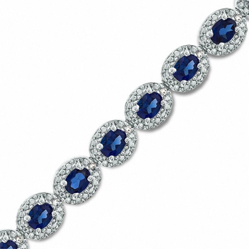 Oval Lab-Created Blue Sapphire and Diamond Accent Bracelet in Sterling Silver - 7.5"