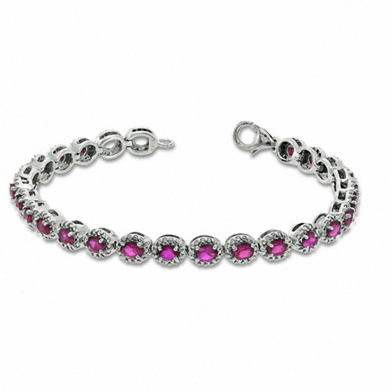 Main Image 2 of Oval Lab-Created Ruby and 0.075 CT. T.W. Diamond Bracelet in Sterling Silver - 7.5"