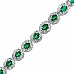 Oval Lab-Created Emerald and 0.075 CT. T.W. Diamond Bracelet in Sterling Silver - 7.5&quot;
