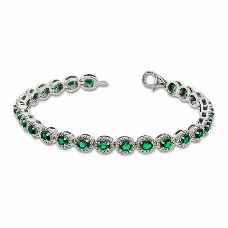Oval Lab-Created Emerald and 0.075 CT. T.W. Diamond Bracelet in Sterling Silver - 7.5"
