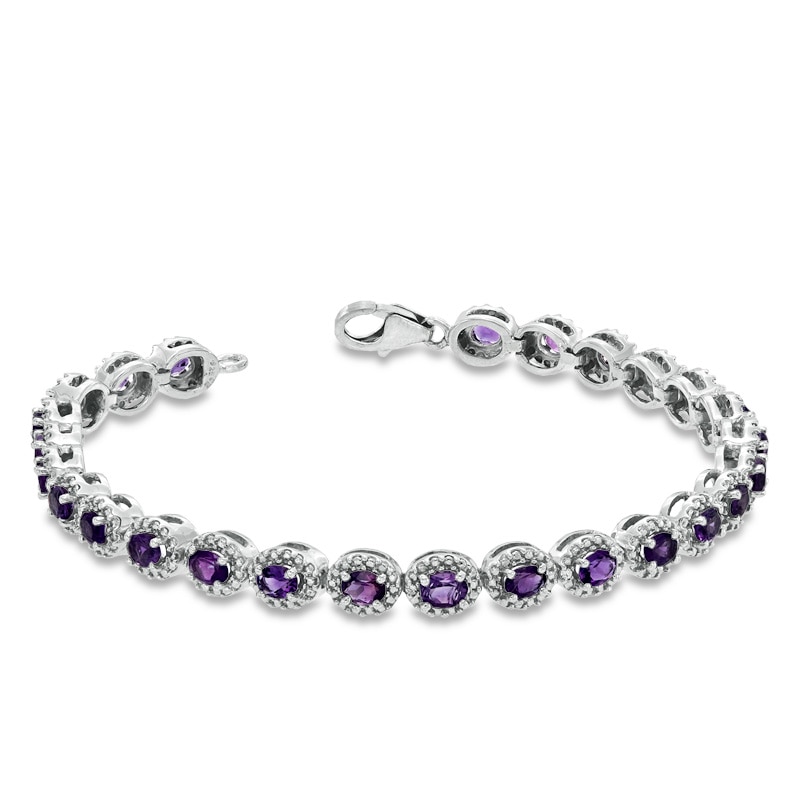 Main Image 2 of Oval Amethyst and 0.075 CT. T.W. Diamond Bracelet in Sterling Silver - 7.5"