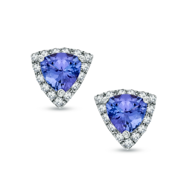 Main Image 1 of 5.0mm Trillion-Cut Tanzanite and 0.19 CT. T.W. Diamond Frame Stud Earrings in 10K White Gold